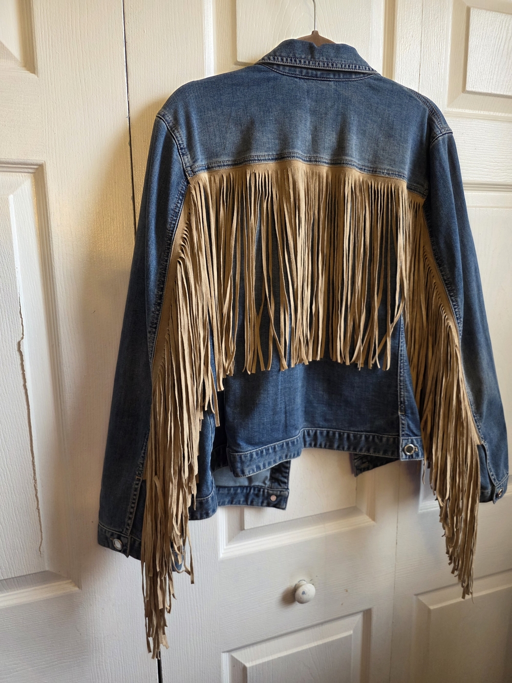 Chico's Medium Blue Denim Jacket with Fringe Accents - Picture 2 of 2